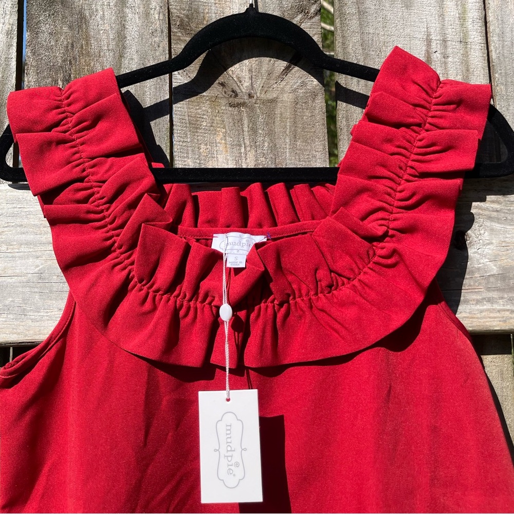Mud Pie Red Ruffle Neck Mini Dress - Picture 2 of 10